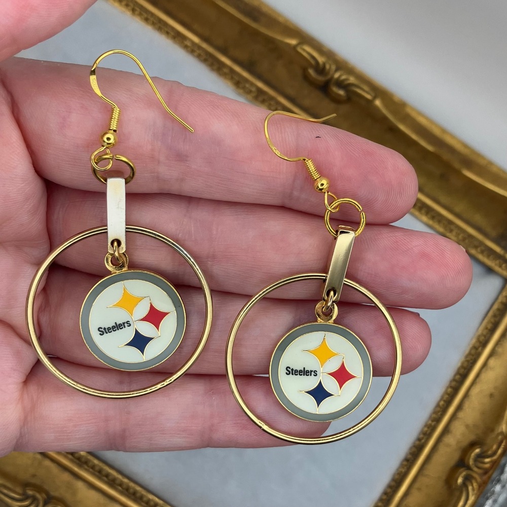 NFL Pittsburgh Steelers Earrings Womens Gold Dangle Hoop Football Game Fan Gear